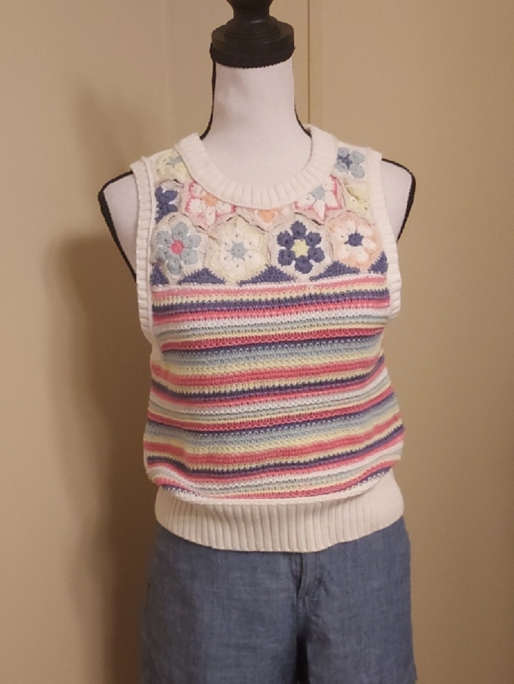American Eagle Outfitters White Crochet Floral Striped Tank Top